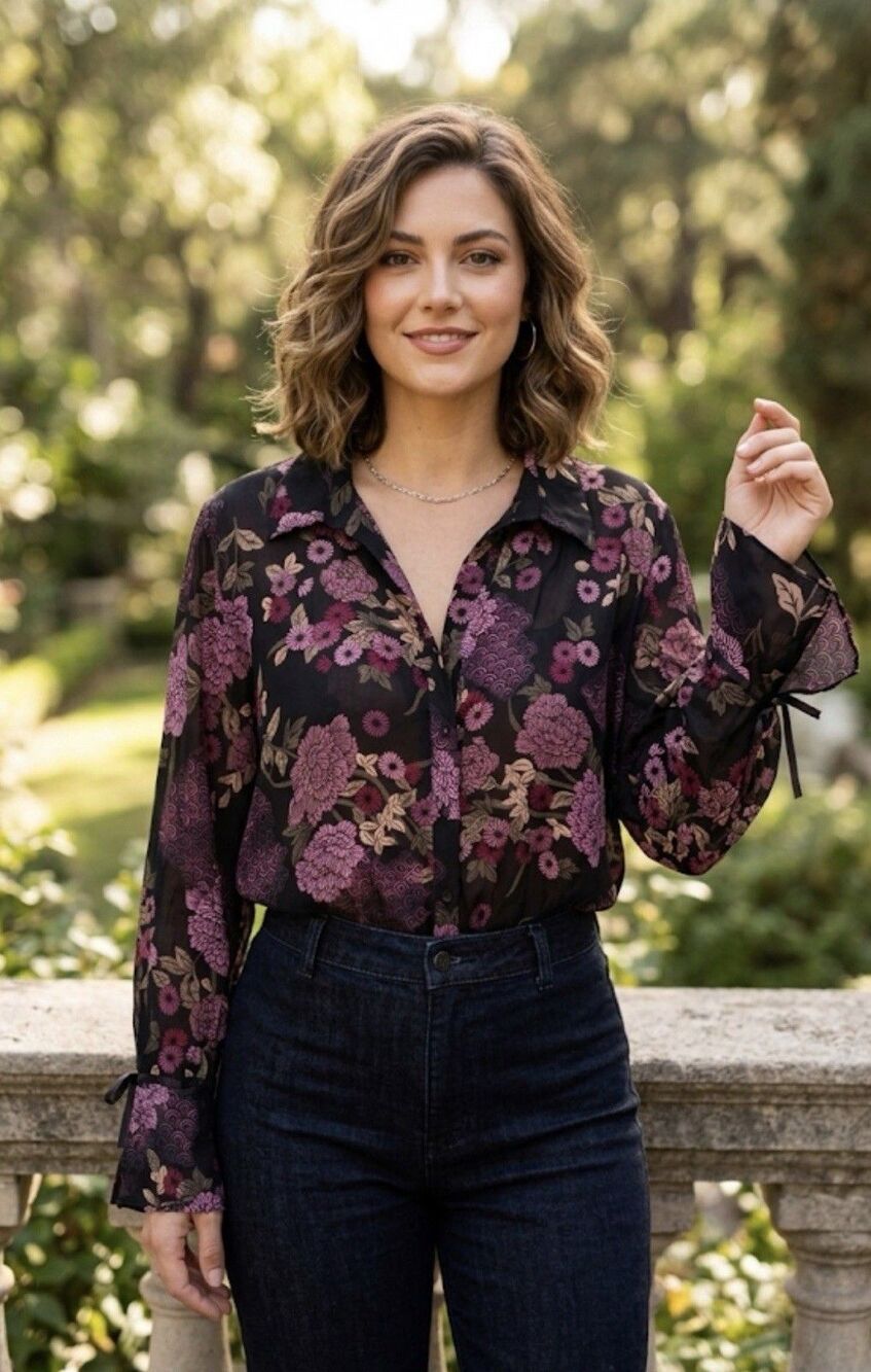 Apostrophe Blouse Button Up size 16/18W floral sheer bell sleeve boho Romantic